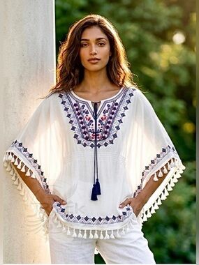 Poncho light and breezy. Embroidered white, navy, red.  Boho chic. Fits up to L